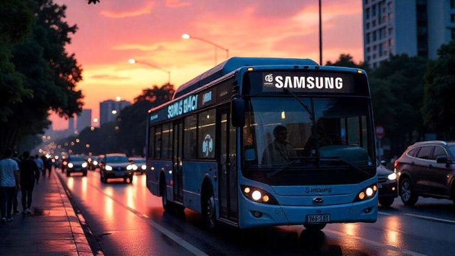 A-blue-city-bus-with-an-advertisement-drives-down-in-traffic