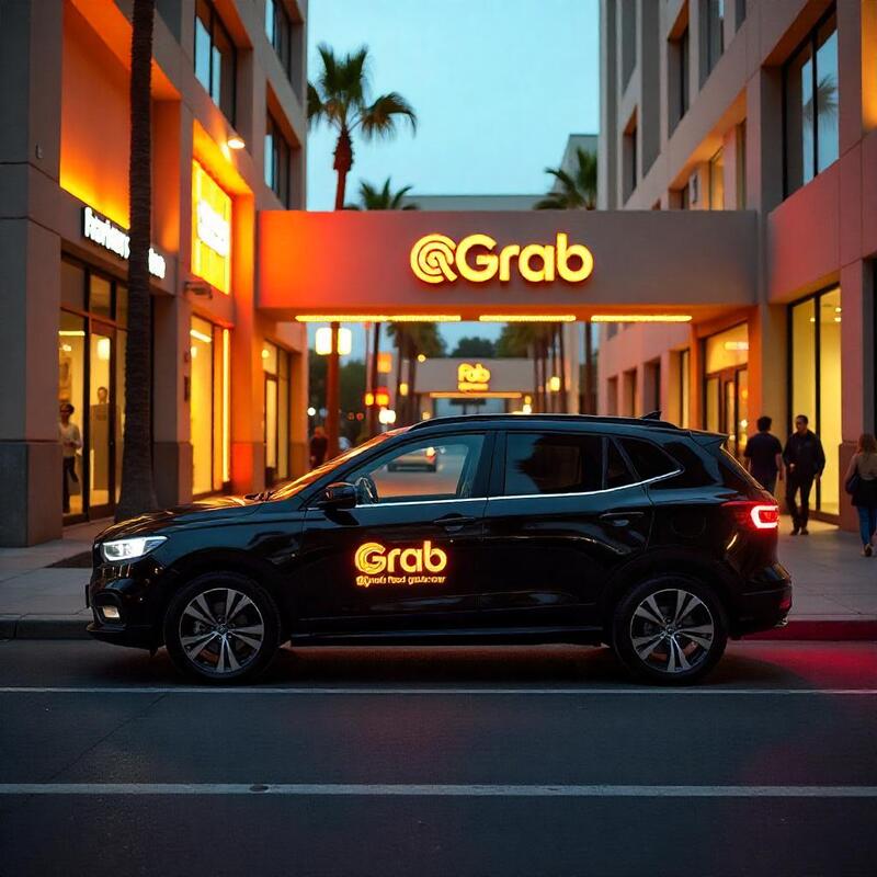 A ride-share car with a food delivery ad sticker parked near a mall, with people entering and exiting nearby