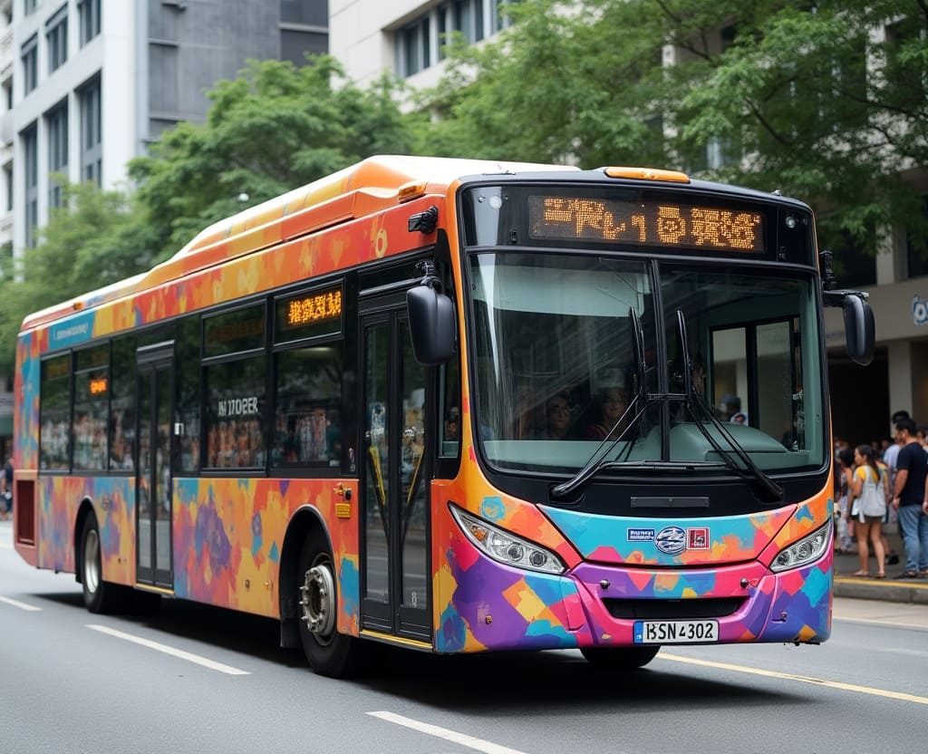 Bus with full-body transit advertising in city