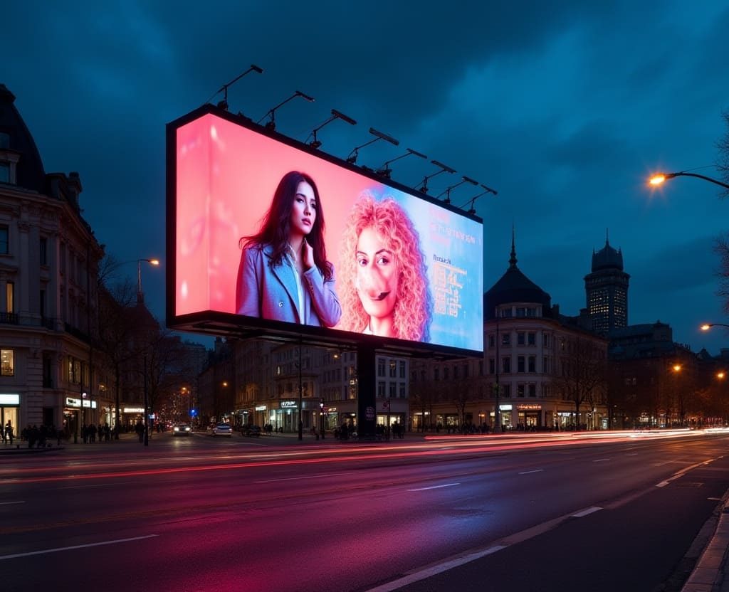 Digital billboard displaying ads at night