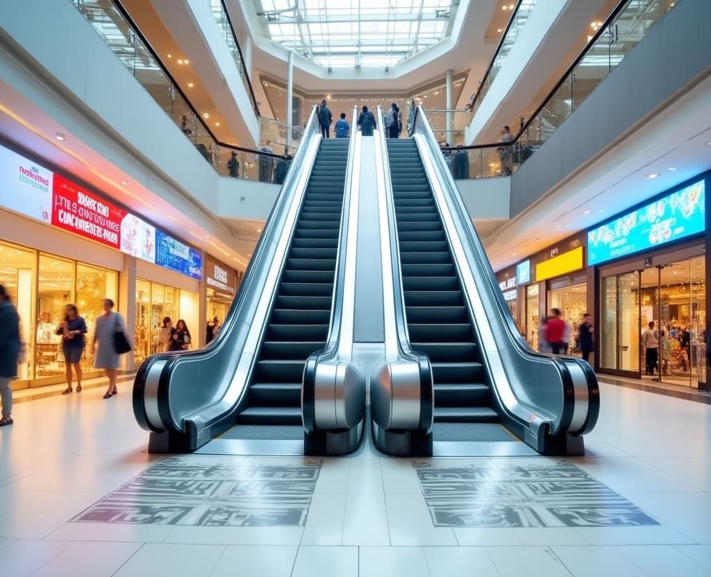 Mall interior with various ad formats on display