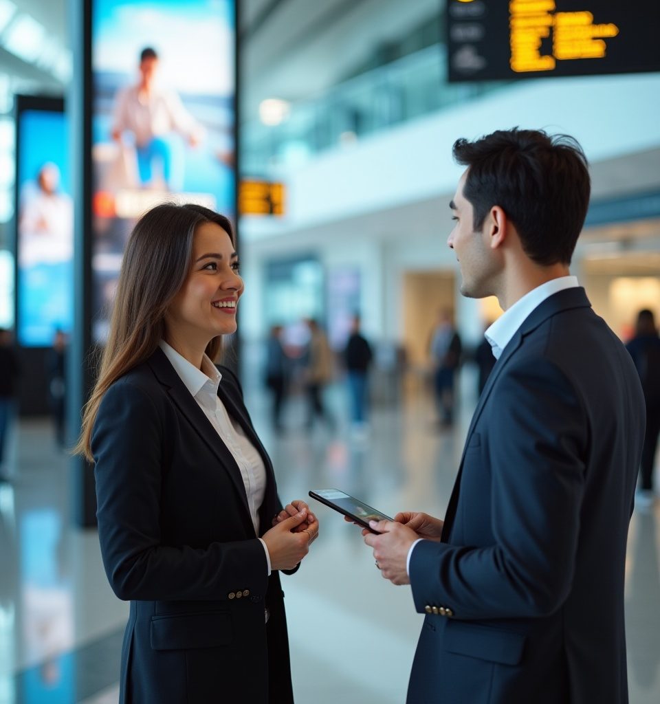 Marketing consultant discussing airport billboard advertising inside a terminal