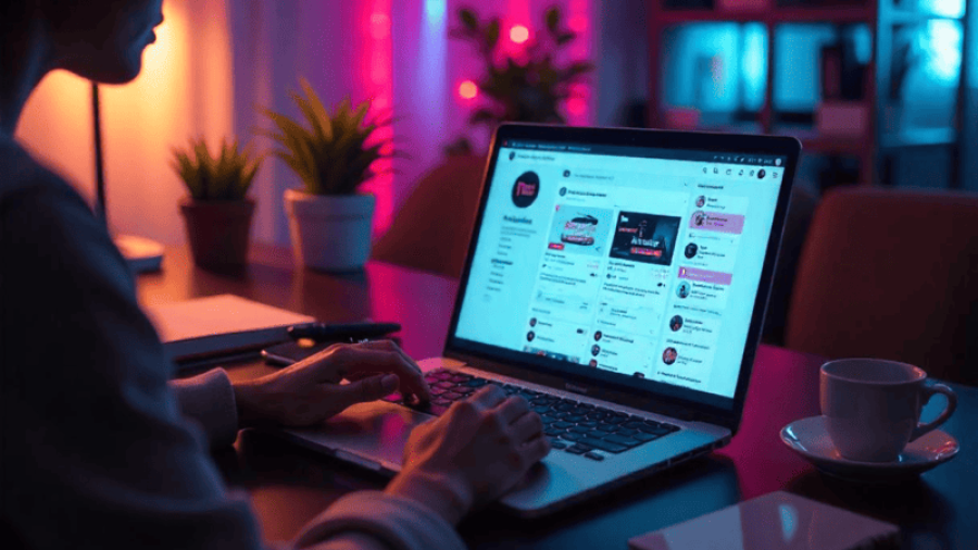 Point-of-view of a digital marketer managing social media ads on a laptop, with notes and local branding elements on the desk.