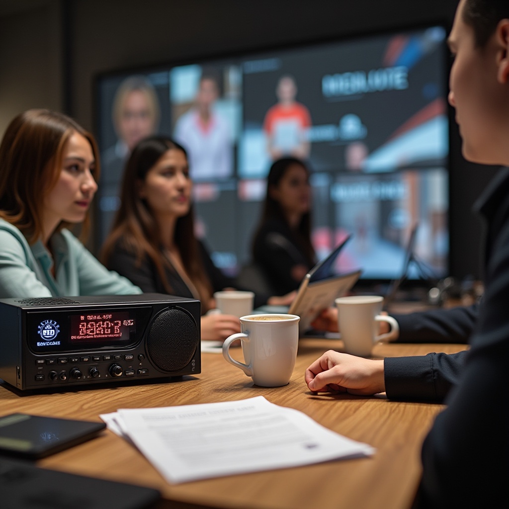 Team listening to radio ads in a modern Malaysian office