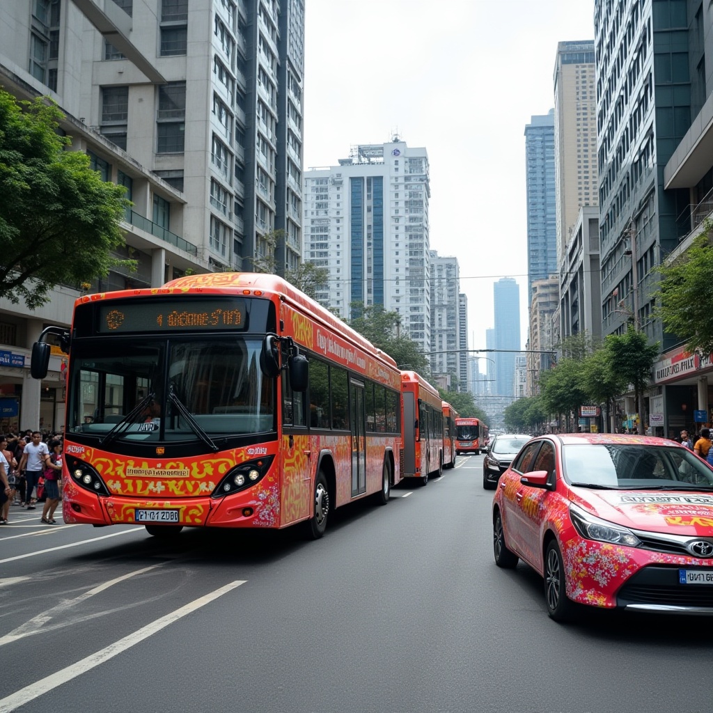 Transit advertising in Malaysia with bus, train, and car wrap ads on the move