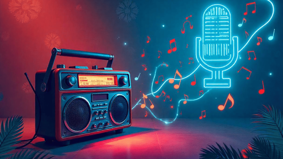 Feature image showing a radio, podcast microphone, musical notes, and a brand logo with Malaysian batik patterns and KL Tower in the background.