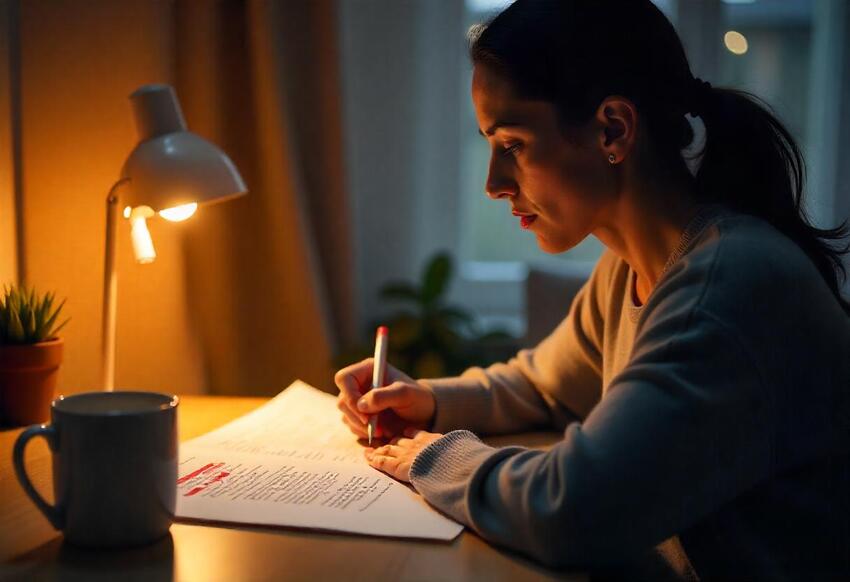 Copywriter editing a printed draft with red pen, showing the process of refining ad copy.