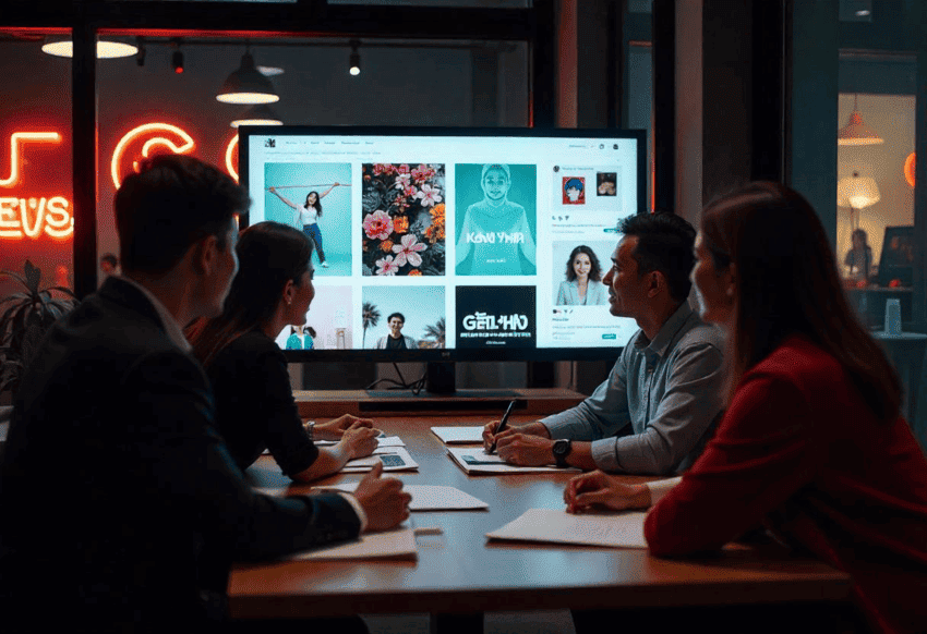 Creative team aligning outdoor and digital advertising designs for a campaign