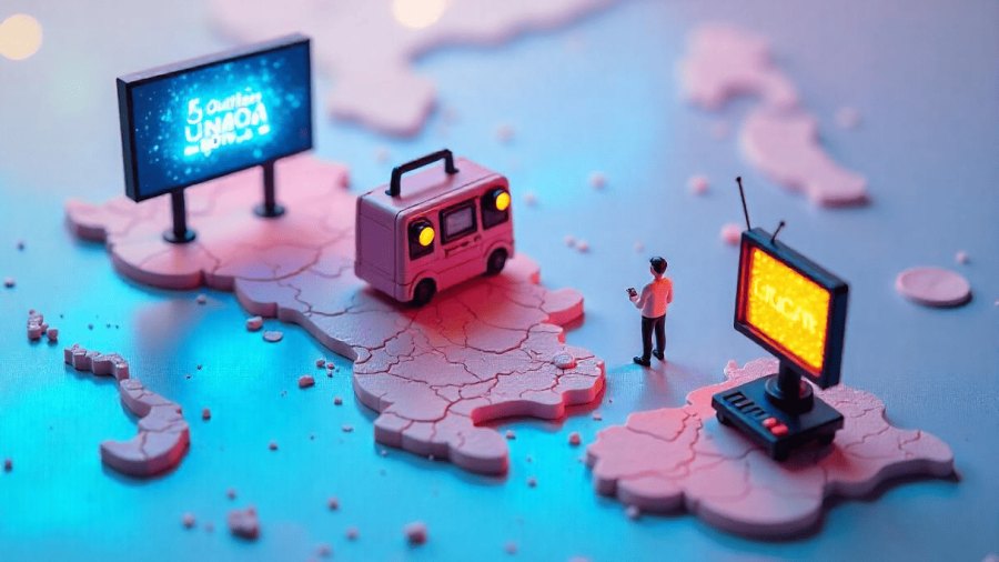 Different types of advertising mediums across Malaysia shown creatively on a map background