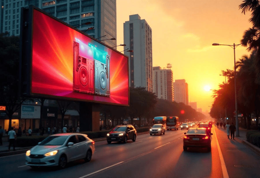 Digital billboard advertising in Kuala Lumpur with vibrant city traffic.