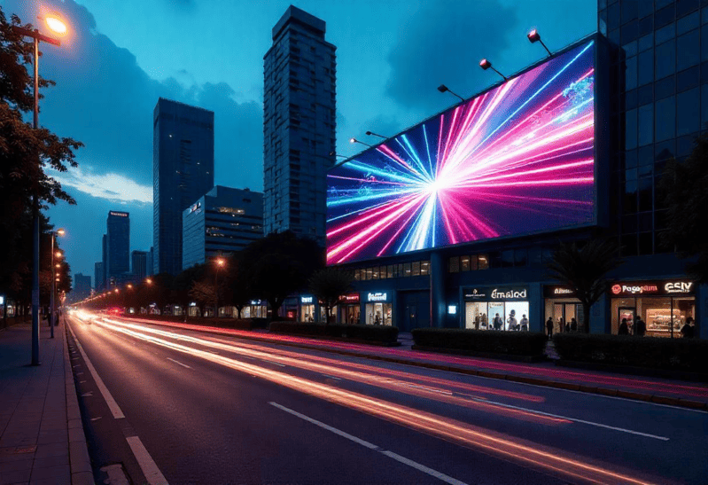 Digital billboard in Kuala Lumpur displaying a vibrant ad above a busy city road