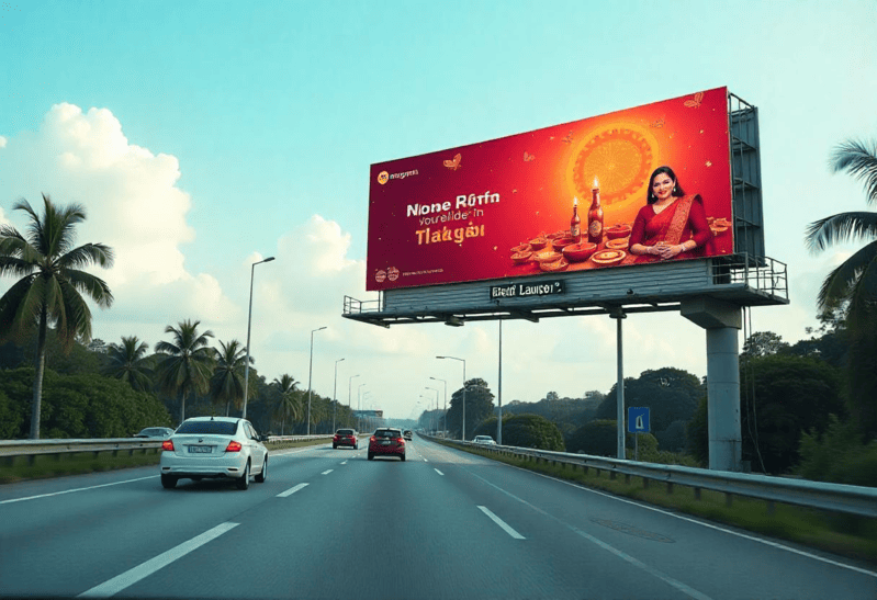 Highway billboard with festive-themed advertising along a busy expressway in Malaysia.