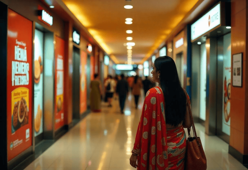 Mall media advertising on lift doors and escalator panels inside a Malaysian shopping centre.