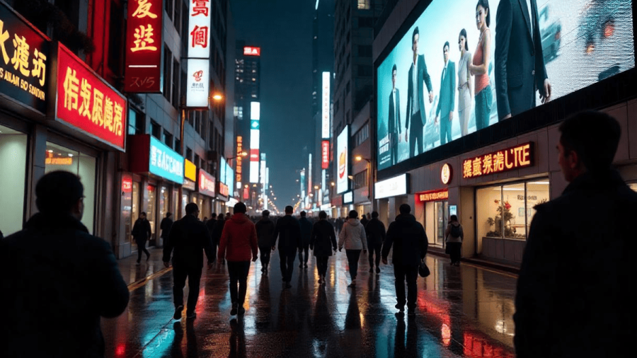 Modern digital billboard with glowing video ad on a busy Malaysian city street at dusk.