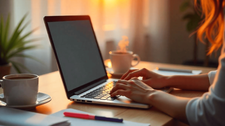 Modern workspace with hands typing on a laptop, notes and pens around, representing creative content writing.