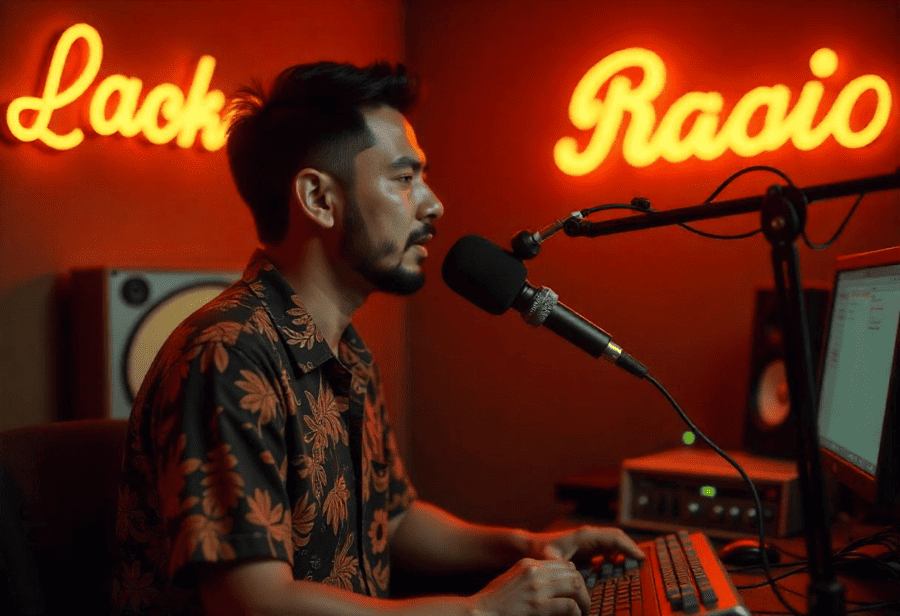 Radio commercial in Malaysia being recorded live at a local station.