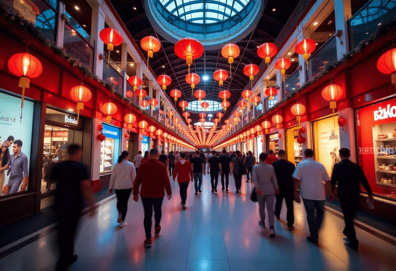 Shoppers in a Malaysian mall during festive season with digital advertising screens and holiday decorations.