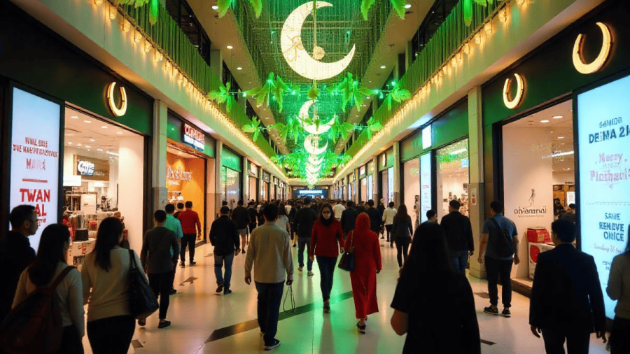 Shoppers in a Malaysian mall with Hari Raya decorations and digital advertising displays.