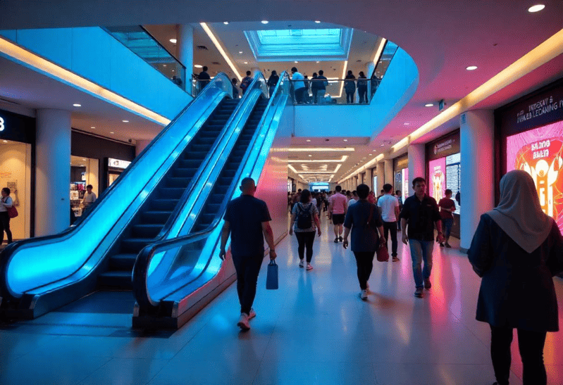 Shopping mall advertising in Malaysia with escalator wraps and digital displays targeting shoppers