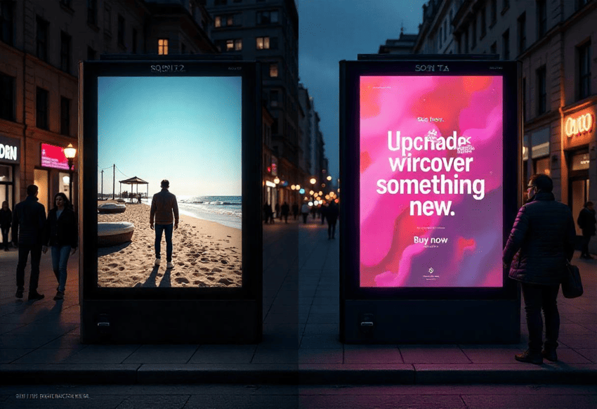 Side-by-side comparison of bland and engaging ad copy displayed on digital screens.
