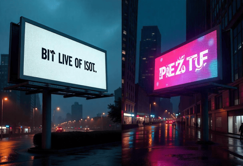 Side-by-side view of a static billboard and a digital billboard with animated visuals.
