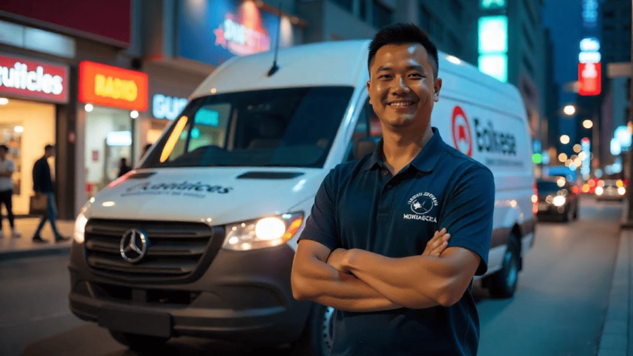 Small business owner in Malaysia standing proudly beside a branded car, with advertising media in the background.