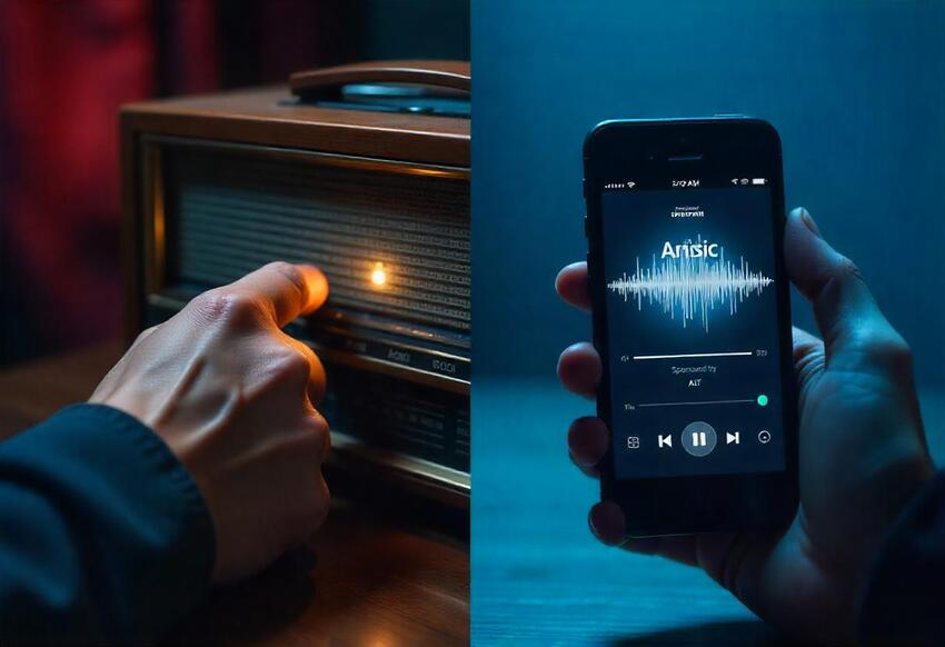 Split image of a hand tuning a radio with a jingle logo and a smartphone playing a podcast sponsored by Avyan, joined by sound waves.