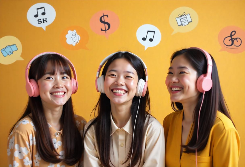 Three Malaysians wearing headphones, smiling as musical notes, jingles, and podcast icons float around them.