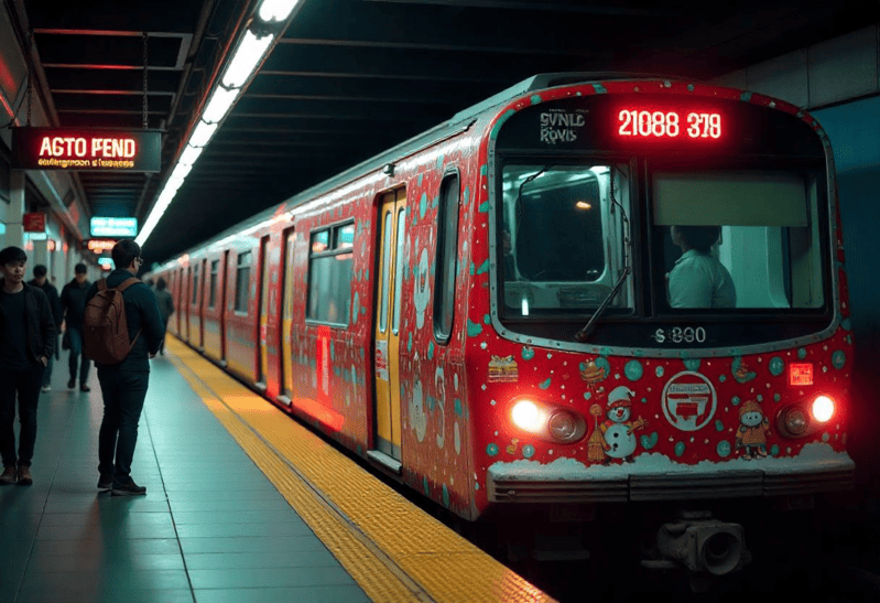 Train wrap advertising at a busy MRT station in Kuala Lumpur during the festive season.