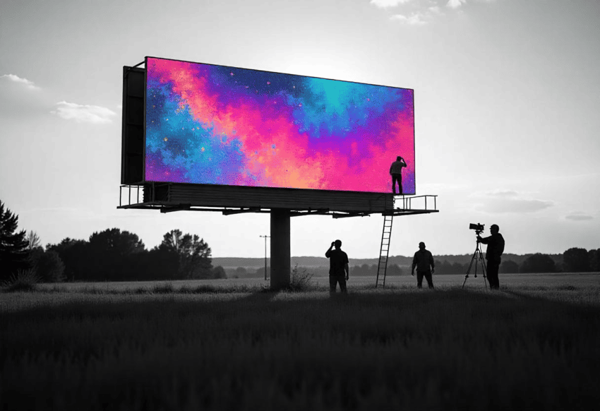 Video production team filming a drone shot of a new billboard installation in Malaysia.